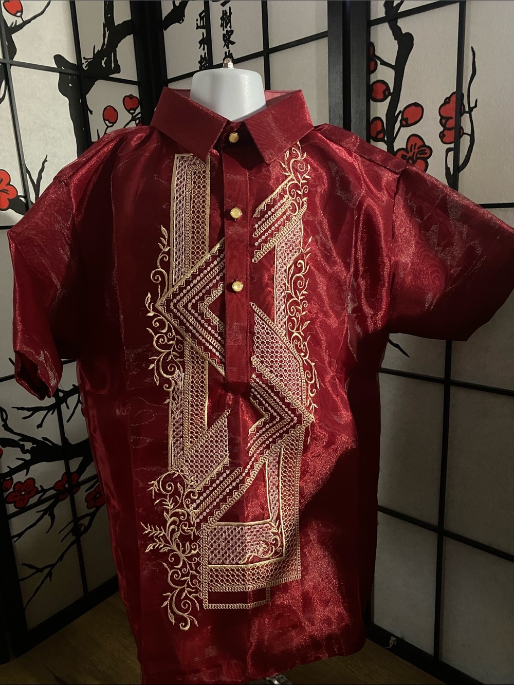 Traditional Embroidered Boy's Shirt - Red with Gold Accents